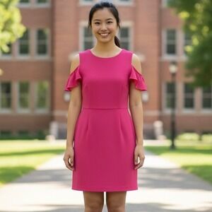 Tyler Boe Dress, Size 6, Sheath Style, Cold Shoulder Ruffle, Barbie Hot‎ Pink